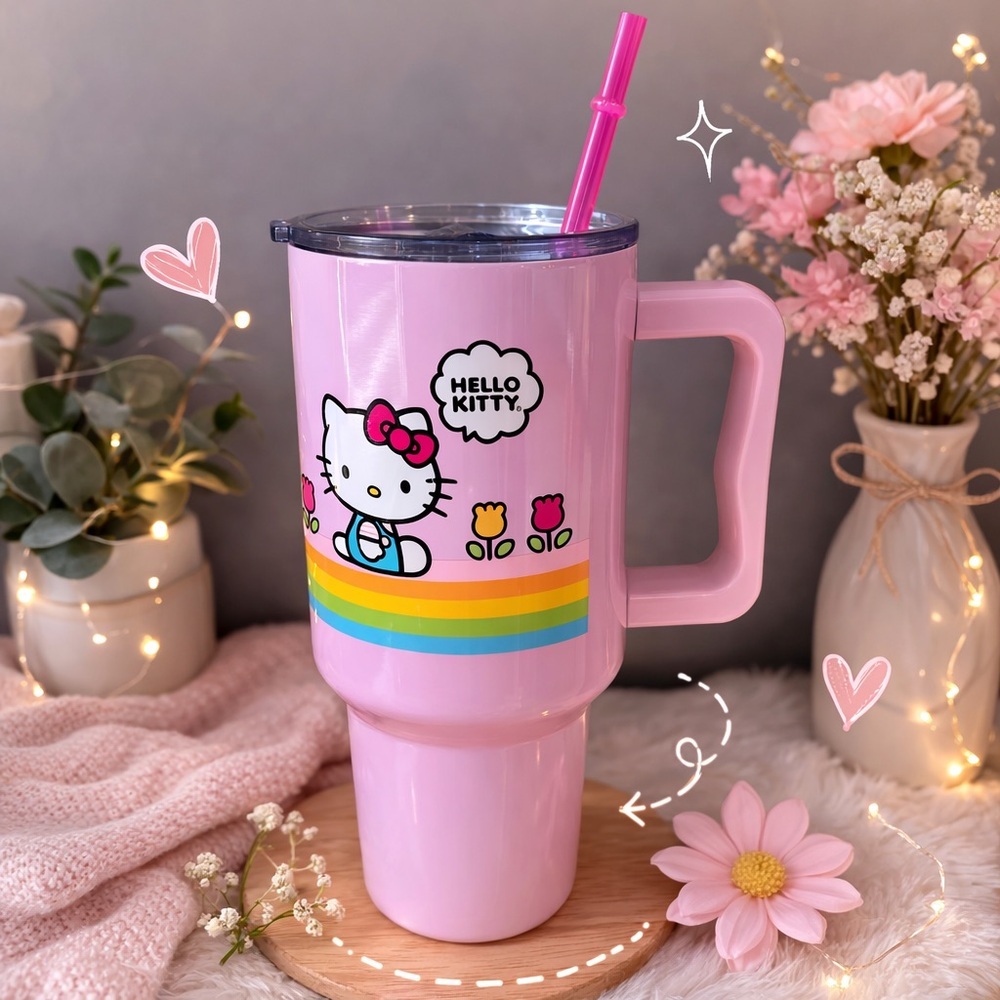 Hello Kitty Spring Stainless Steel Tumbler with Handle and Straw, 40 Ounces